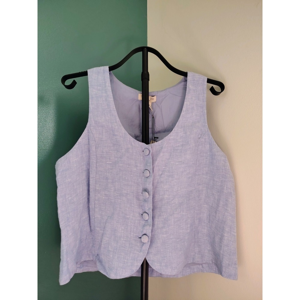 100% Linen Rachel Zoe Powder Blue Solid Scoop Neck Button Front Vest, XL